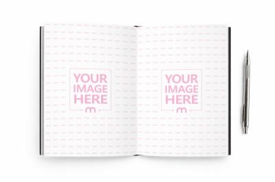 Open Blank Notebook Mockup with Silver Pen on White Background