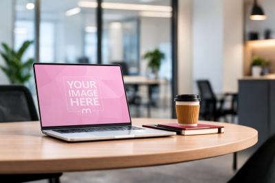 Open MacBook Mockup with Coffee Cup and Notebook in Office
