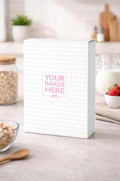 Cereal Box Mockup Standing on Kitchen Counter