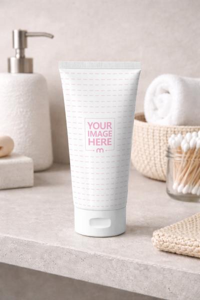 White Cosmetic Tube Mockup on Bathroom Shelf
