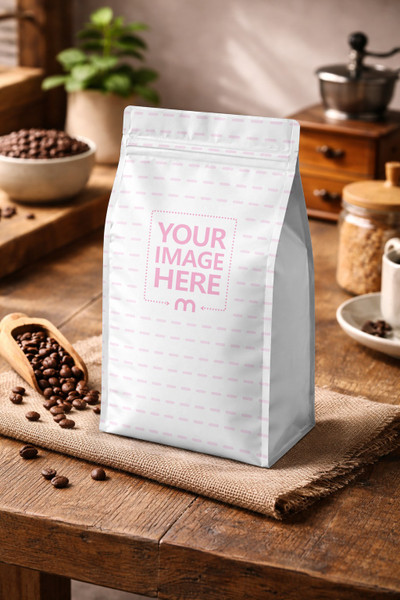 Realistic 1kg Coffee Pouch Mockup on Wooden Table