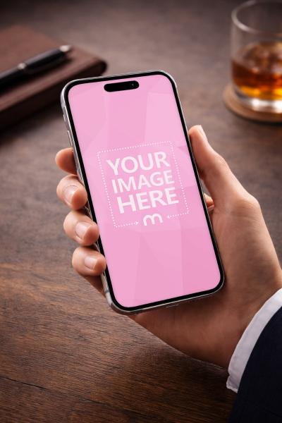 Realistic Hand Holding iPhone Mockup in Premium Workspace Scene
