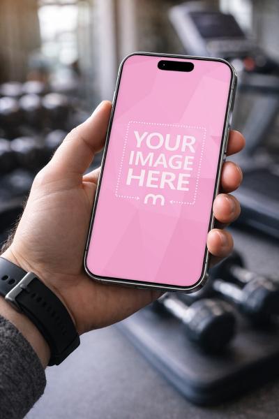 Hand Holding iPhone Screen Mockup in Gym