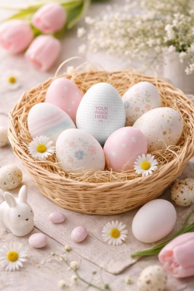Cute Easter Egg Mockup in Basket with Spring Flowers
