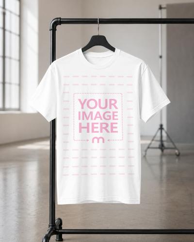 White T-Shirt Mockup on Hanger in Studio