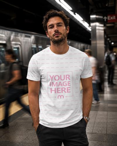 All Over Print T-Shirt Mockup in Urban Subway Scene
