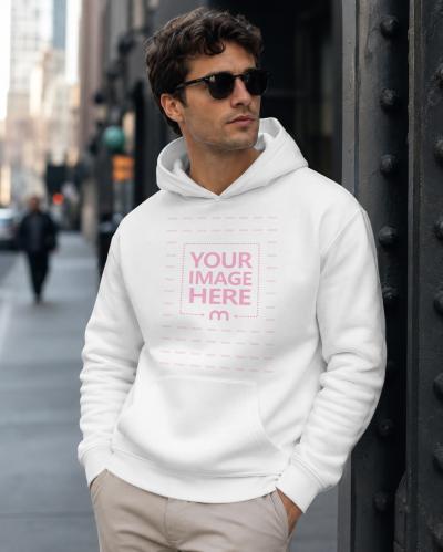 Customisable Hoodie Mockup with Male Model in Urban Street Scene