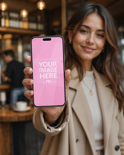 Woman Holding iPhone Screen Mockup in Cafe