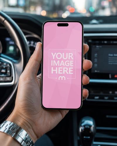 Hand Holding iPhone Screen Mockup in Car Interior