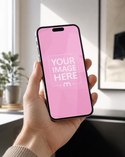 Hand Holding iPhone Screen Mockup in Modern Interior