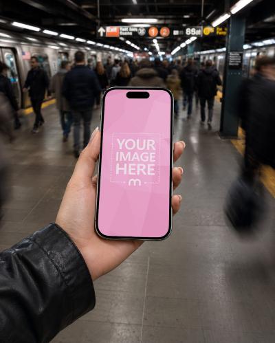 Hand Holding iPhone Screen Mockup in Subway Station
