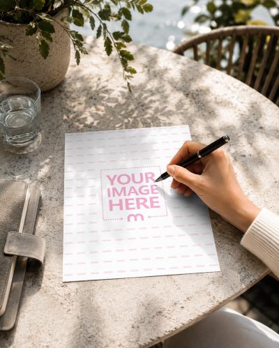 Handwriting Paper Page Mockup on Outdoor Table