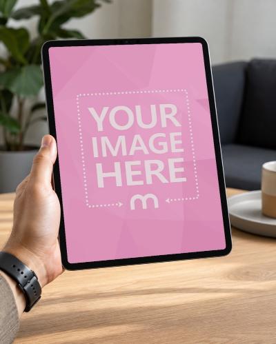 Hand Holding iPad Screen Mockup in Modern Interior