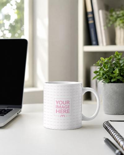 White Ceramic Mug Mockup in Modern Workspace