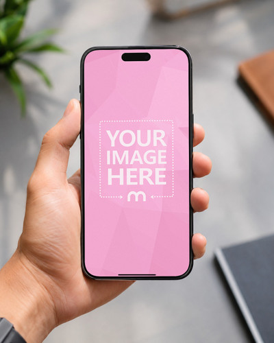 Hand Holding Smartphone Screen Mockup in Clean Workspace