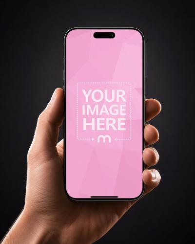 Hand Holding Smartphone Screen Mockup with Dark Studio Background