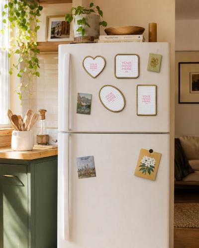 Fridge Magnet Picture Frame Mockup in Cozy Kitchen