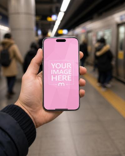 Hand Holding Smartphone Mockup at Subway Station
