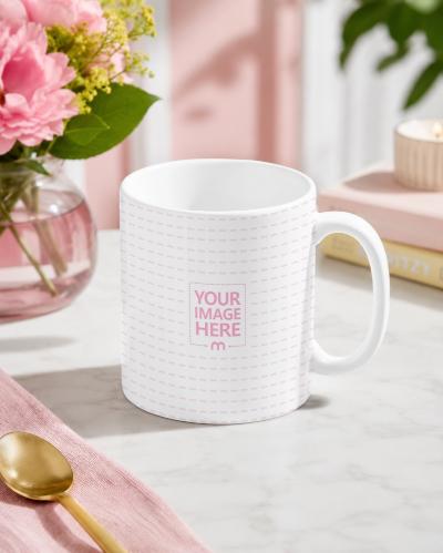 White Mug Mockup with Pink Floral Lifestyle Styling