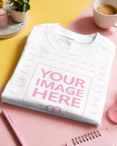 Folded White T-Shirt Mockup with Bright Pastel Desk Styling