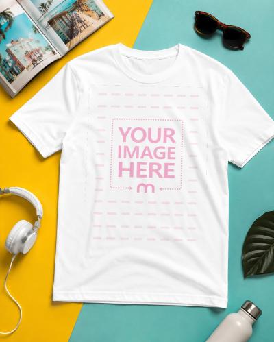 White T-Shirt Flat Lay Mockup with Bright Summer Background