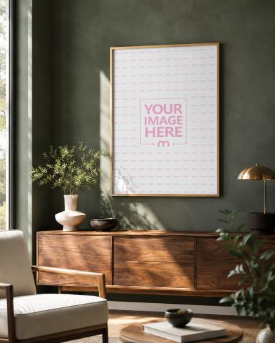 Vertical Poster Frame Mockup in Dark Green Modern Interior