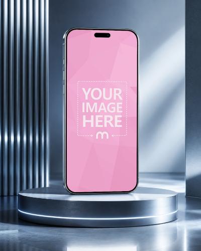 iPhone 17 Pro Screen Mockup on Futuristic Blue Studio Podium