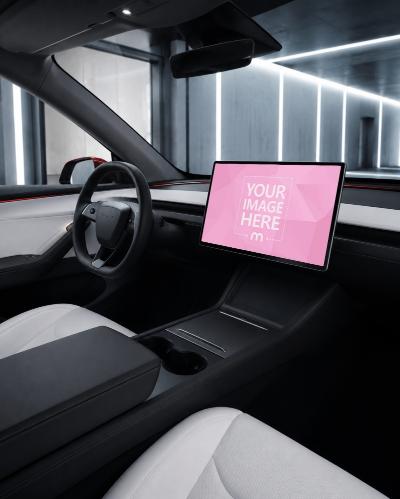 Tesla Screen Mockup in Futuristic Electric Car Interior