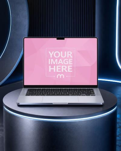 MacBook Screen Mockup on Futuristic Blue Neon Podium