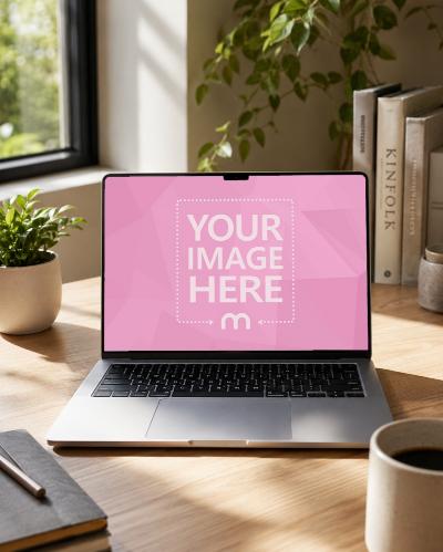 MacBook Screen Mockup on Sunlit Home Office Desk