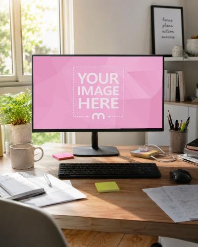 Realistic Home Office Monitor Screen Mockup on Wooden Desk