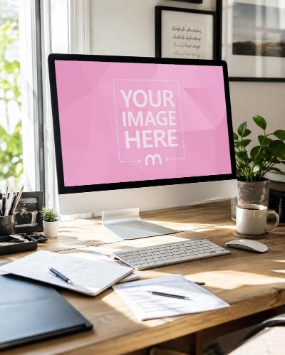 Realistic iMac Home Office Desk Mockup with Custom Screen