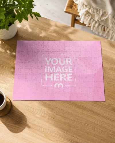 Customizable Puzzle Mockup on Wooden Table in Cozy Home Scene