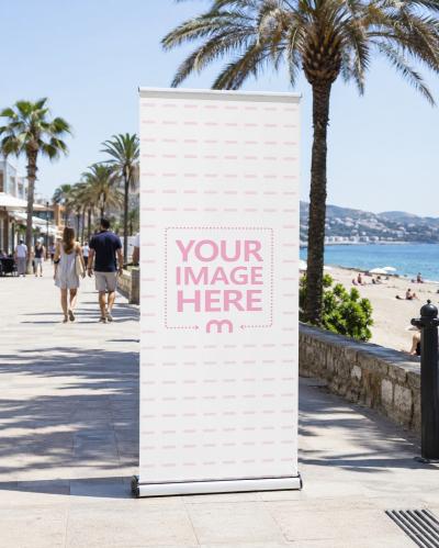 Beachside Roll-Up Banner Mockup with Customizable Design