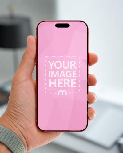 Hand Holding Orange Smartphone Mockup with Customizable Screen
