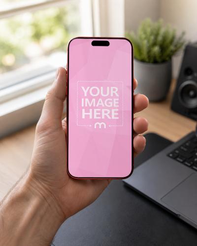 Hand Holding Smartphone Mockup in Modern Home Office
