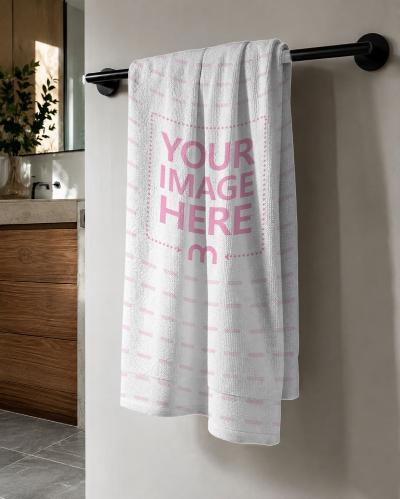 Hanging White Bath Towel Mockup in Modern Bathroom