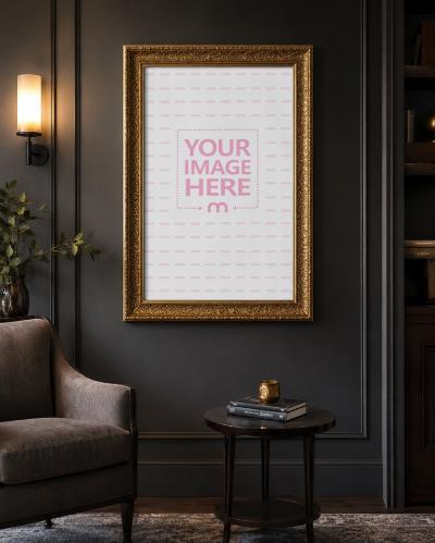 Ornate Gold Picture Frame Mockup in Luxury Dark Interior