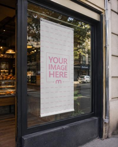 Vertical Storefront Window Banner Mockup – Retail Advertising Display