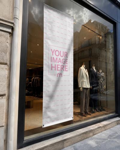 Luxury Store Window Banner Mockup – Vertical Retail Display