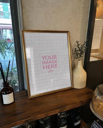 Gold Picture Frame Mockup in Realistic Leaning Frame in Cozy Interior