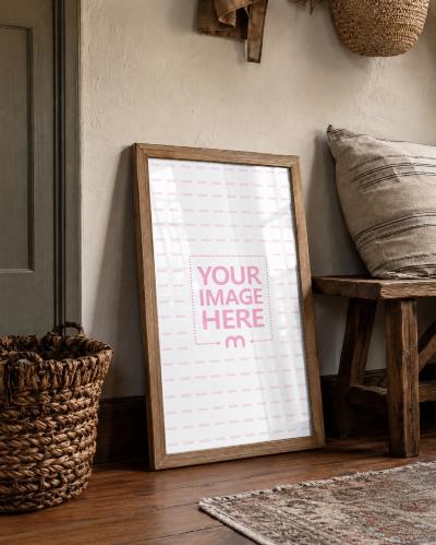 Rustic Wooden Picture Frame Mockup – Leaning Boho Wall Art Display