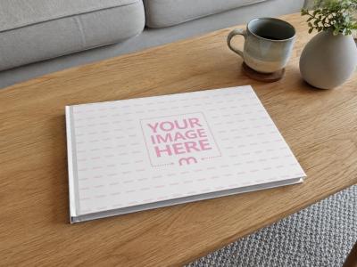 A4 Landscape Hardcover Book Mockup Cozy Coffee Table Scene