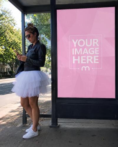 Bus Stop Advertising Mockup with Woman in White Tutu