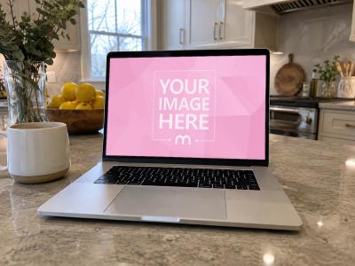 MacBook Screen Mockup on Modern Kitchen Counter Workspace