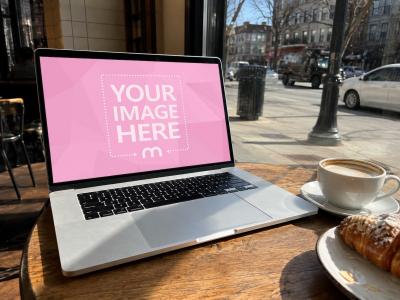 Macbook Screen Mockup on Sunny Café Workspace Scene