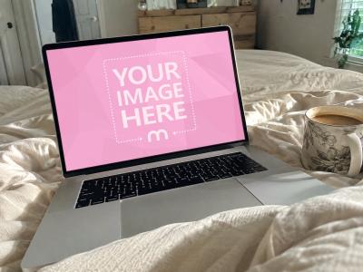 MacBook Screen Mockup Cozy Laptop in Bed with Coffee
