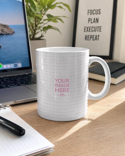 White Ceramic Mug Mockup PSD Modern Workspace Desk Scene