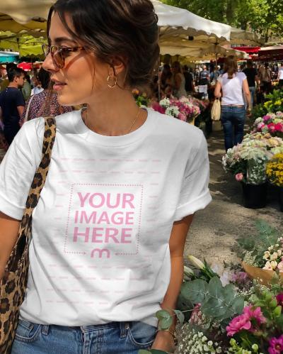 Women’s White T-Shirt Mockup – Flower Market Lifestyle Scene