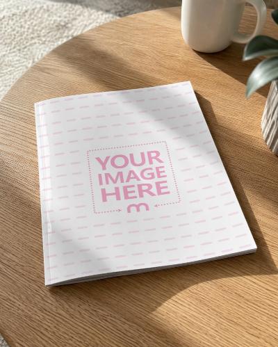 Square Magazine Cover Mockup Sunlit Wooden Table Scene